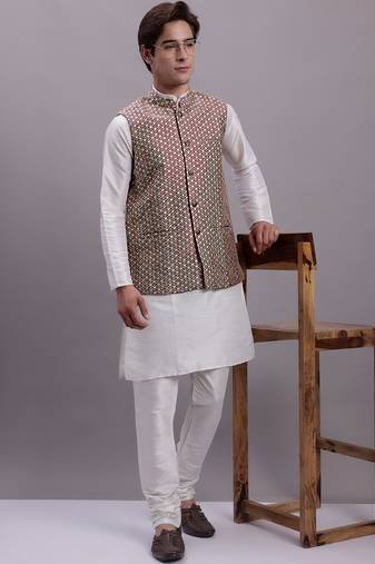 Men blue woven silk blend kurta jacket set