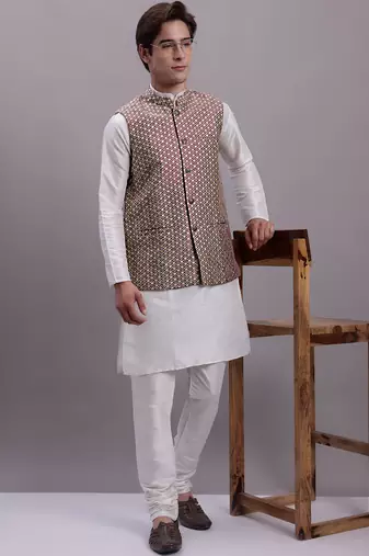 Men blue woven silk blend kurta jacket set