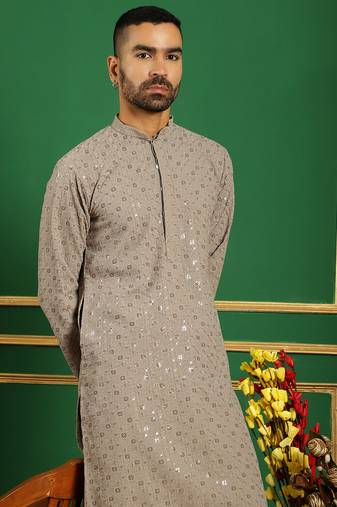 Men grey embroidered cotton kurta pajama