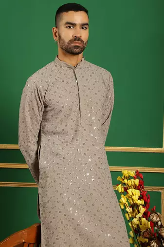 Men grey embroidered cotton kurta pajama