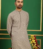 Men grey embroidered cotton kurta pajama
