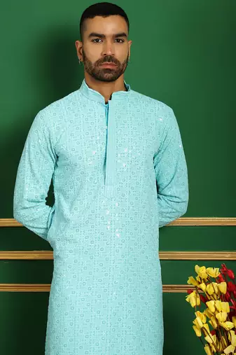 Men blue embroidered cotton kurta pajama