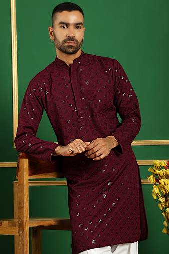 Men purple embroidered cotton kurta pajama