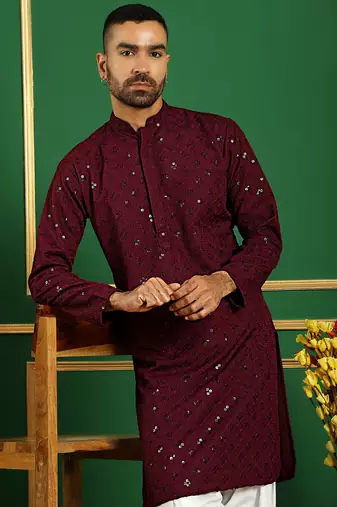 Men purple embroidered cotton kurta pajama