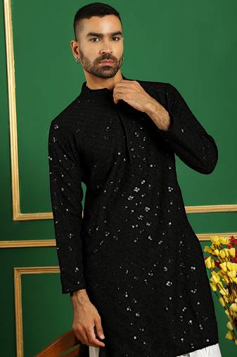 Men black embroidered cotton kurta pajama