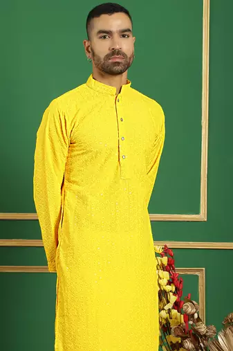 Men yellow embroidered cotton kurta pajama