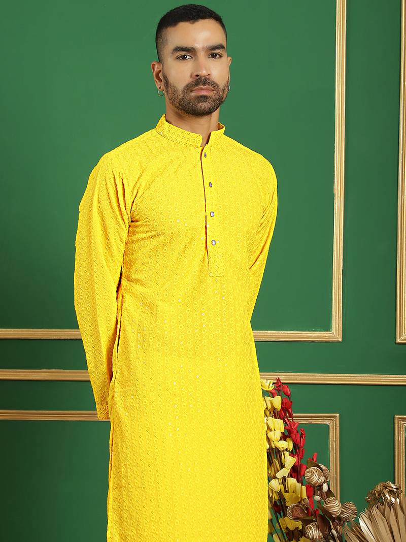 Men yellow embroidered cotton kurta pajama
