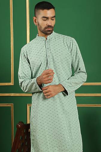 Men green embroidered cotton kurta pajama