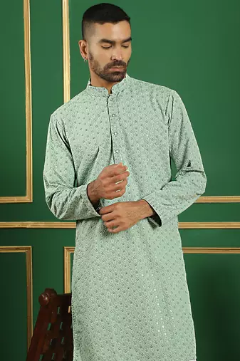 Men green embroidered cotton kurta pajama