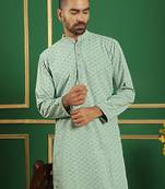 Men green embroidered cotton kurta pajama
