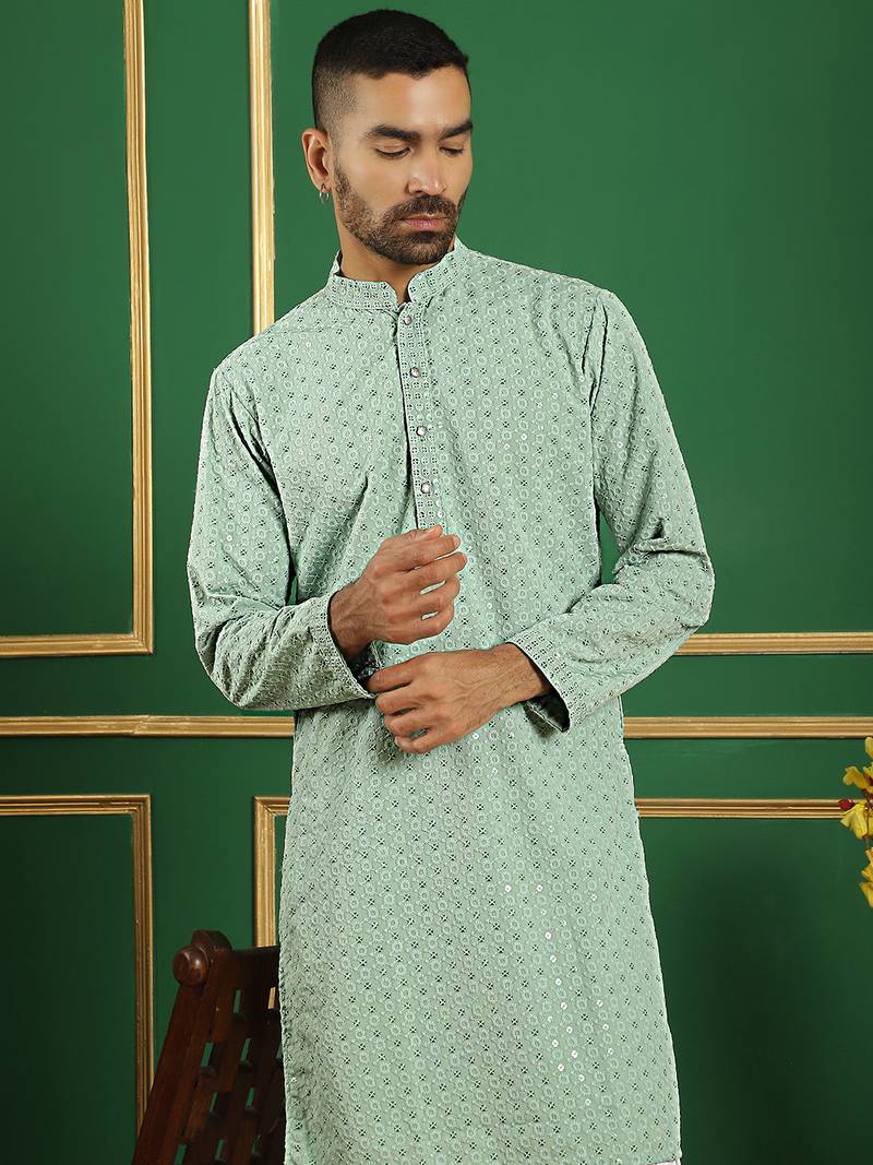 Men green embroidered cotton kurta pajama