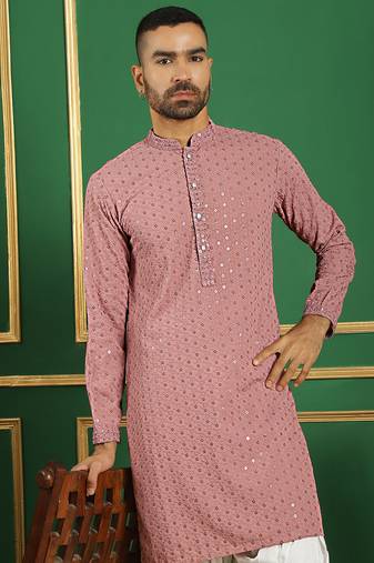 Men purple embroidered cotton kurta pajama