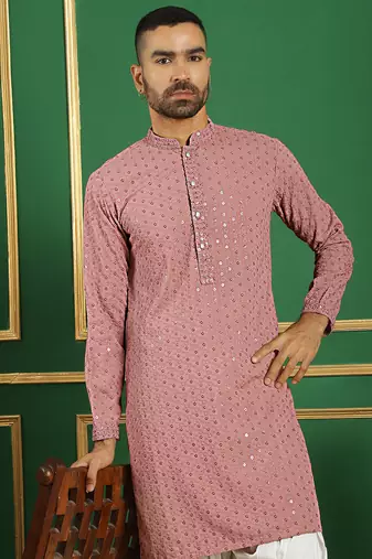 Men purple embroidered cotton kurta pajama