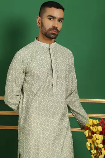 Men green printed blended cotton kurta pajama