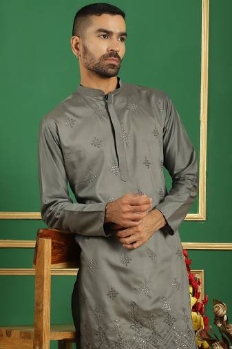 Men grey embroidered silk blend kurta pajama