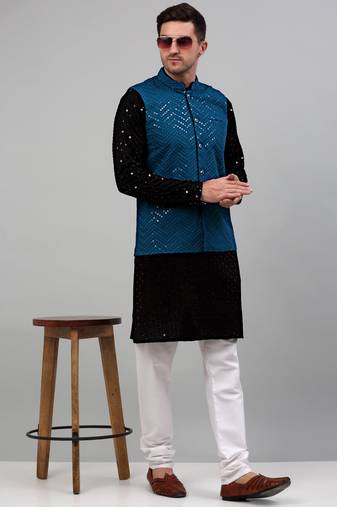 Men blue embroidered viscose rayon kurta jacket set