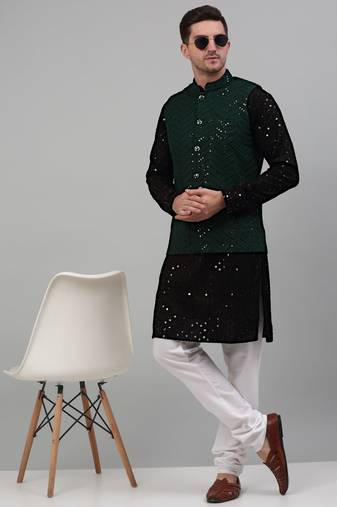 Men green embroidered viscose rayon kurta jacket set