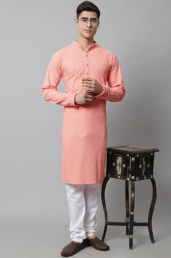 Men peach embroidered cotton kurta pajama