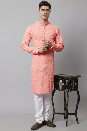 Men peach embroidered cotton kurta pajama