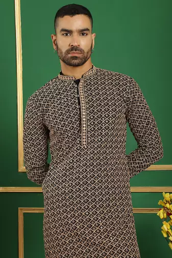 Men brown embroidered cotton kurta pajama
