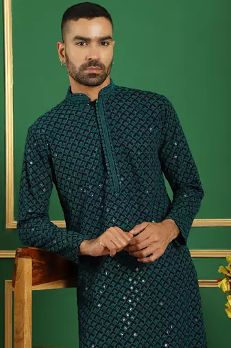 Men blue embroidered cotton kurta pajama