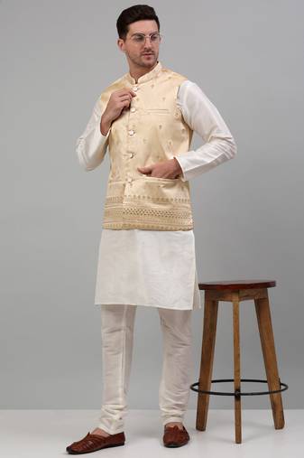 Men gold embroidered silk blend kurta jacket set