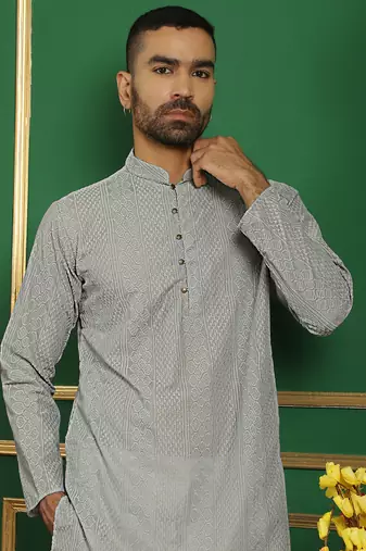 Men grey embroidered cotton kurta pajama