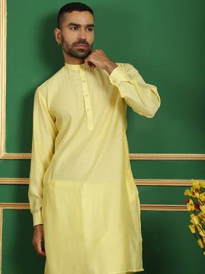 Men yellow solid silk blend kurta pajama 1