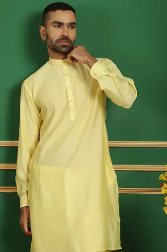 Men yellow solid silk blend kurta pajama