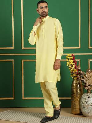 Men yellow solid silk blend kurta pajama 2