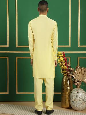 Men yellow solid silk blend kurta pajama 4