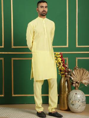 Men yellow solid silk blend kurta pajama 5