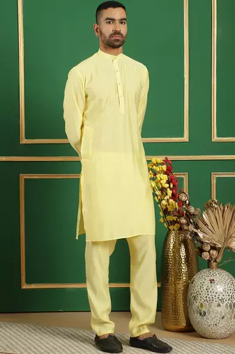 Men yellow solid silk blend kurta pajama