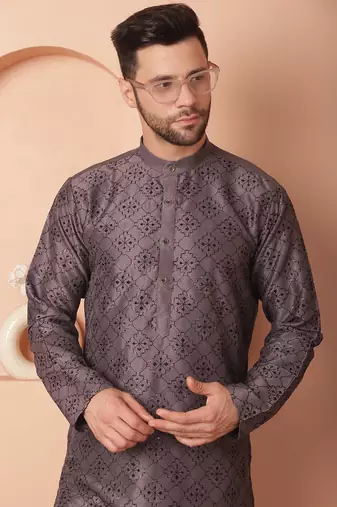 Men grey embroidered cotton silk kurta pajama