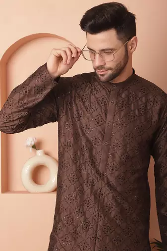 Men brown embroidered cotton silk kurta pajama