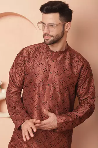 Men brown embroidered cotton silk kurta pajama
