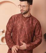 Men brown embroidered cotton silk kurta pajama