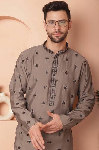 Men grey embroidered cotton silk kurta pajama