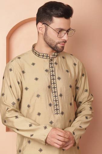 Men beige embroidered cotton silk kurta pajama