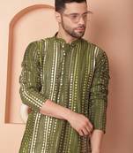 Men green embroidered silk blend kurta pajama