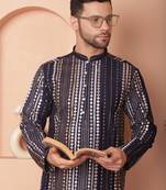 Men blue embroidered silk blend kurta pajama