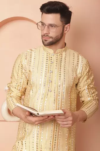 Men gold embroidered silk blend kurta pajama
