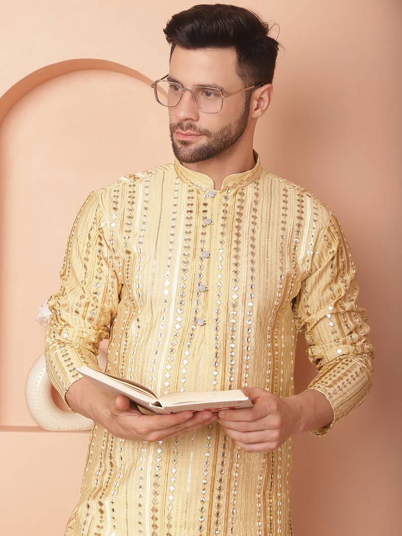 Men gold embroidered silk blend kurta pajama