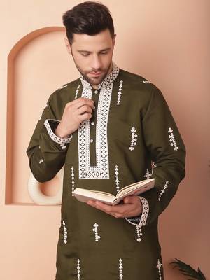 Men green embroidered cotton silk kurta pajama 1