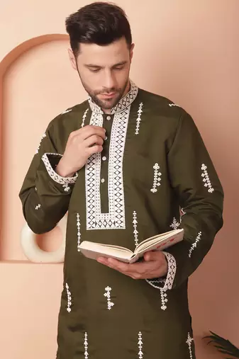 Men green embroidered cotton silk kurta pajama