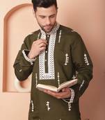 Men green embroidered cotton silk kurta pajama