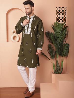 Men green embroidered cotton silk kurta pajama 2