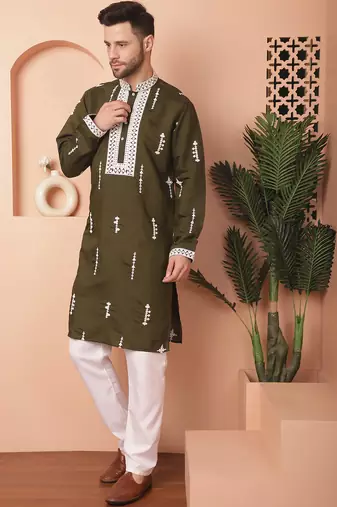 Men green embroidered cotton silk kurta pajama