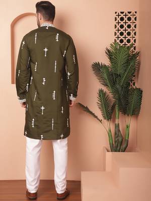 Men green embroidered cotton silk kurta pajama 4
