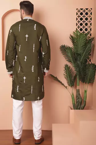 Men green embroidered cotton silk kurta pajama